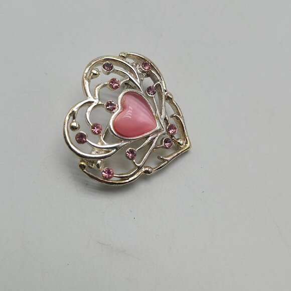 Vintage Silver Tone Heart Brooch With Pink Cats Eye Rhinestone Accents - Picture 2 of 4